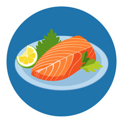 Fresh salmon fillet with lemon and parsley on a blue plate