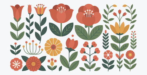 Scandinavian Folk Art Floral Pattern with Red Orange and Green Tones