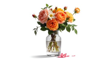 A bouquet of peach and orange roses in a glass vase