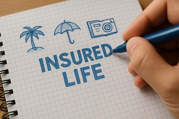 Life insurance retirement planning future financial. A hand writing "INSURED LIFE" with icons on a notepad, symbolizing insurance concepts.