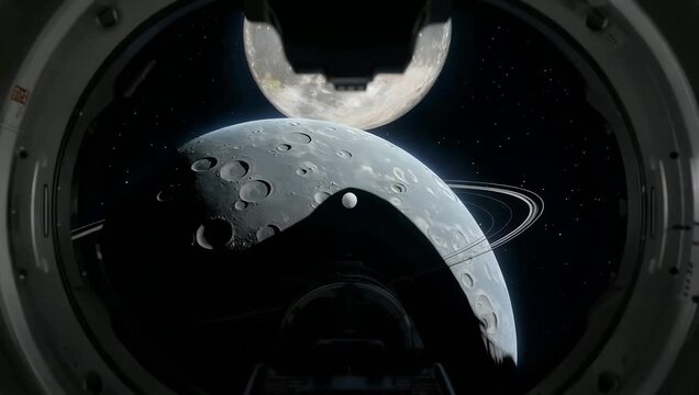 View from a spaceship window reveals a ringed planet and a moon in the vast expanse of space offering a sense of exploration and cosmic wonder for space enthusiasts