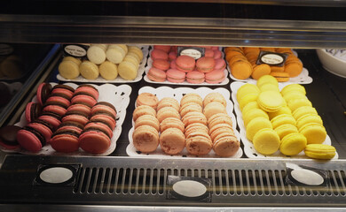 Colorful Macarons Displayed in Pastry Shop
