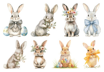 Fototapeta premium PNG Charming watercolor bunnies collection, element set on transparent background
