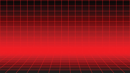 Perspective red grid background fading to black, creating a futuristic and technological space illustration