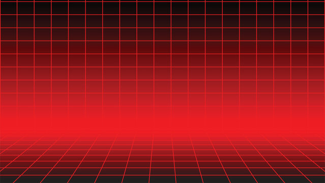 Perspective red grid background fading to black, creating a futuristic and technological space illustration