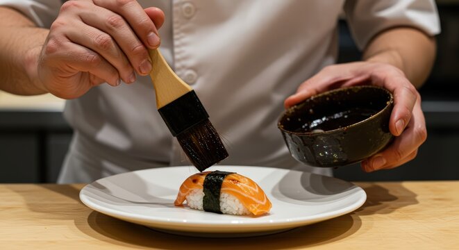 A chef's hands gracefully brushing nikiri (a special soy sauce glaze) onto a piece of finished nigiri.