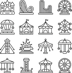 Amusement, park, carnival, icon, set, line, art, silhouette, Ferris, wheel, roller, coaster, swing, ride, circus, tent, castle, pavilion, entertainment, vector