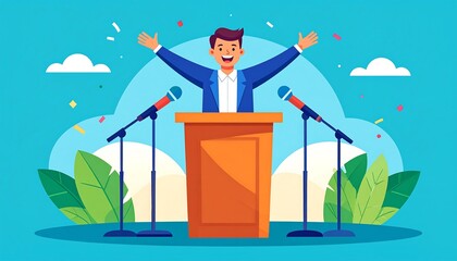 Animated man giving speech from podium