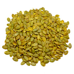 Closeup shot of pumpkin seeds on white background 