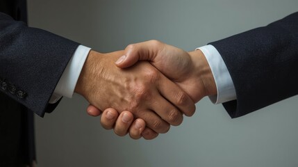 Obraz premium Close-up view of two hands clasped in a professional business handshake against a neutral background.