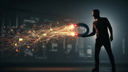 Man using a magnet to attract glowing particles in dark