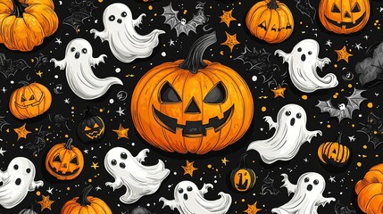 Halloween Seamless Pattern with Pumpkins and Ghosts