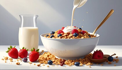 A bowl of granola with berries and milk