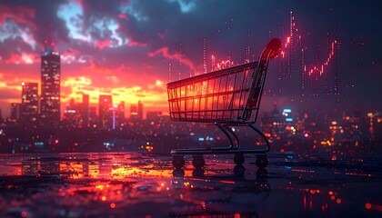 A shopping cart overlooks a vibrant cityscape at dusk. Red and orange hues illuminate the scene, suggesting modern consumerism. Digital data overlays the sky