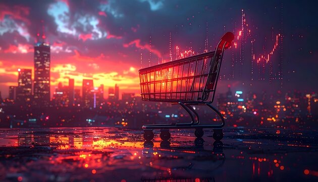 A shopping cart overlooks a vibrant cityscape at dusk. Red and orange hues illuminate the scene, suggesting modern consumerism. Digital data overlays the sky - Powered by Adobe