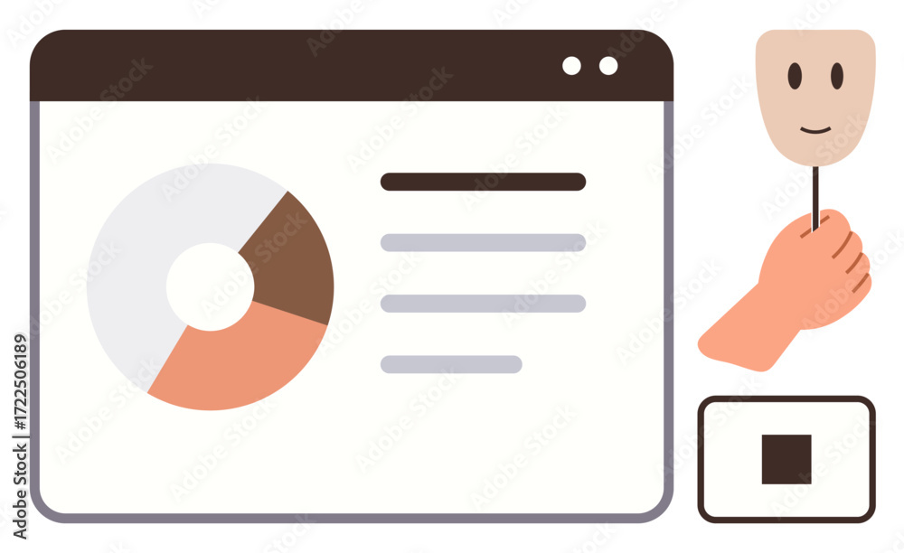 Wall mural pie chart and text in a browser window, hand holding a smiling mask, and a stop button icon. ideal f