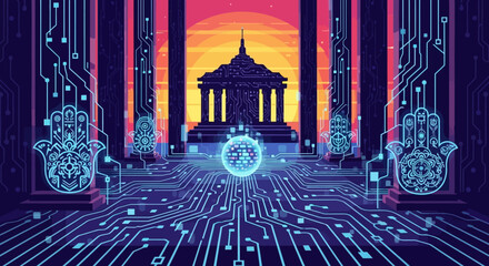 Obraz premium Digital temple with glowing circuit board patterns and mystical symbols.