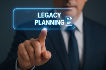 Life insurance retirement planning future financial. Digital interface showcasing "Legacy Planning" with a professional in a suit interacting with the screen.