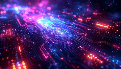 A macro shot of a circuit board, glowing with vibrant pink, blue, and orange neon light paths, suggesting data flow