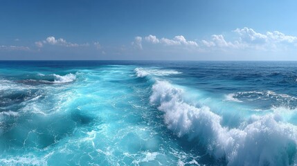 Fototapeta premium Ocean Waves Crashing with Foamy Texture Under Clear Blue Sky Seascape in Daylight with Sparkling Water Surface and Bright White Clouds Above the Horizon