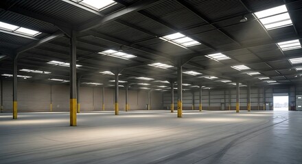 Warehouse interior industrial building storage space empty distribution center logistics area