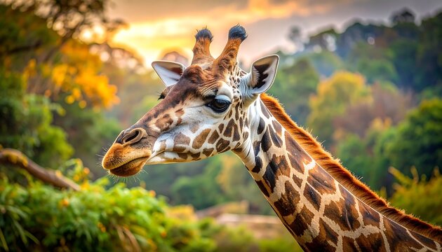 Close-up giraffe portrait in lush forest - Powered by Adobe