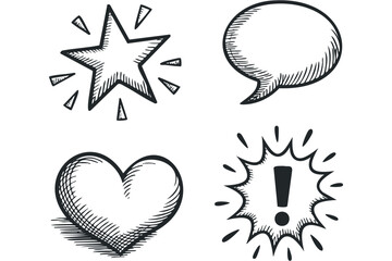 Hand Drawn Star Speech Bubble Heart Exclamation Mark Graphics. Vector hand drawn illustration