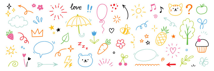 Line cute element set. Hand drawn scribble heart, arrow, flower and cloud elements for a cute line simple background. Doodle sketch heart, star, cloud cartoon sticker shapes. Vector illustration