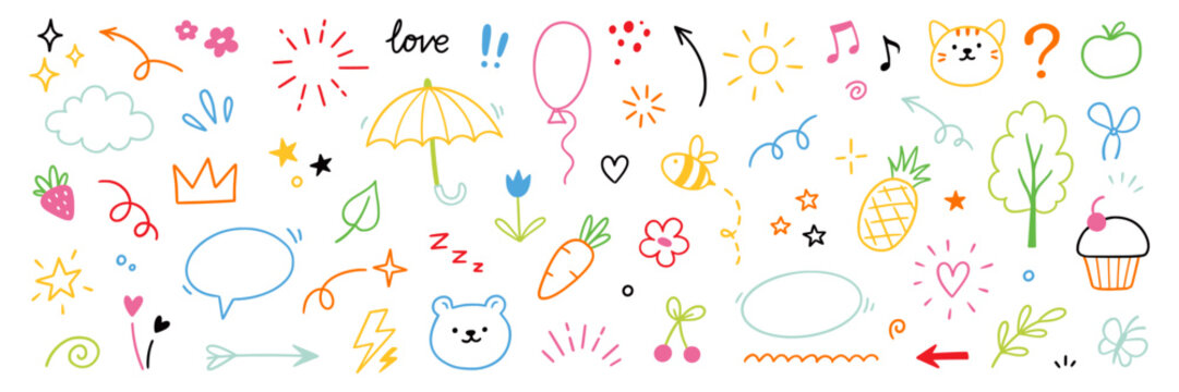 Naklejki Line cute element set. Hand drawn scribble heart, arrow, flower and cloud elements for a cute line simple background. Doodle sketch heart, star, cloud cartoon sticker shapes. Vector illustration