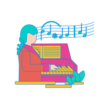 musician playing pink organ, blue notes clip art preview