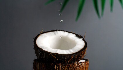 Coconut halves with liquid dripping