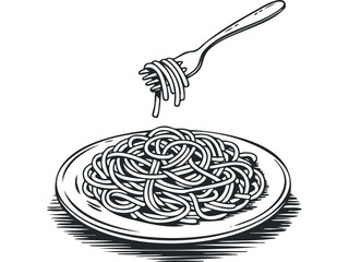 Spaghetti on plate with fork twirling noodles. Vector hand drawn illustration