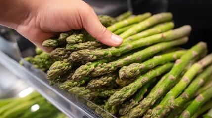 Fresh Green Asparagus Being Selected from a Display in a Grocery Store or Market for Healthy Cooking Options