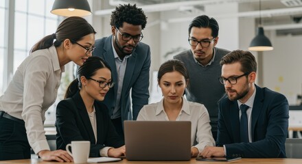 Diverse business professionals collaborate intently around a laptop, highlighting focused teamwork in a modern office setting.