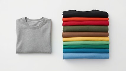 A stack of various colored t-shirts sits beside a single folded gray tee shirt, showcasing a wide array of apparel options.