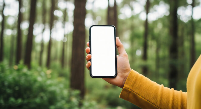 Hand Holding Smartphone with Blank Screen in Lush Green Forest Mobile Connectivity