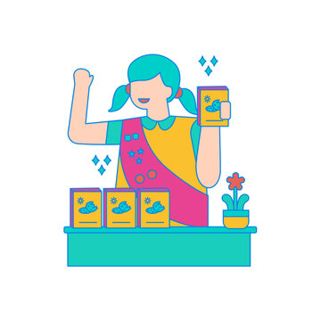 Selling Cookies. Girl scout selling cookies and badges isolated on transparent background.