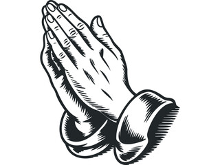 Praying Hands Gesture in Black and White. Vector hand drawn illustration