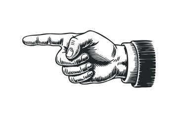 Fingertip and thumb pointing to the left with engraved texture. Vector hand drawn illustration