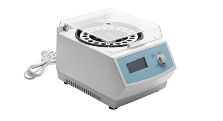A laboratory centrifuge isolated on transparent background, used for separating substances by spinning samples at high speed in scientific research