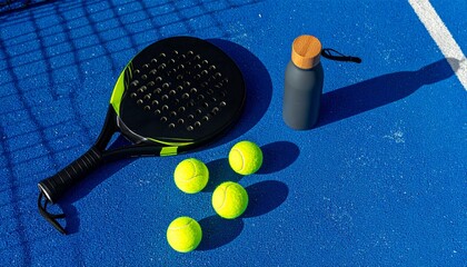 flatlay of a padel racket, ball, and a tumbler on blue court