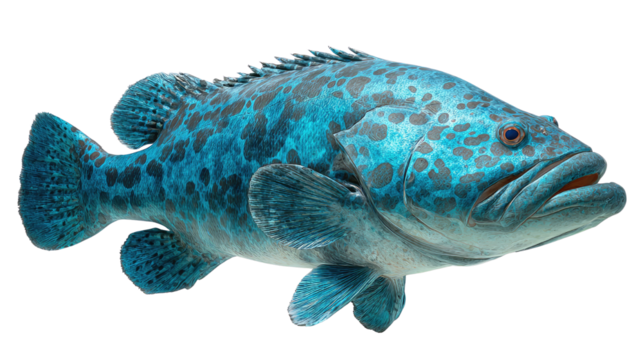 metallic turquoise giant grouper fish swimming on white background