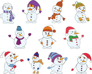 Set of Cute Cartoon Snowmen Characters in Different Hats and Scarves for Christmas