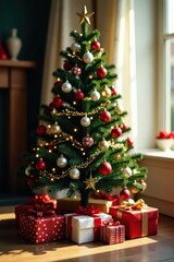 Ornate Christmas tree, gifts beneath, festive backdrop, christmas, winter