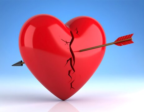 A broken heart pierced by an arrow.  A 3D illustration