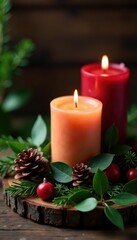 Rustic wood, fir, eucalyptus, Christmas candle, advent , winter background, decor, eucalyptus