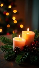 Scented candles glow amidst evergreen branches & twinkling lights , candles, holiday, glow