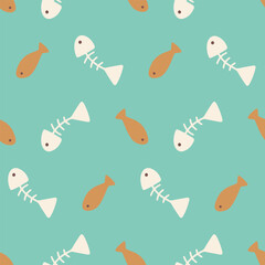 Playful turquoise seamless fish bone pattern