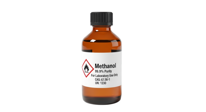 Methanol bottle isolated on transparent background, featuring a hazardous chemical substance used in various industrial and scientific applications
