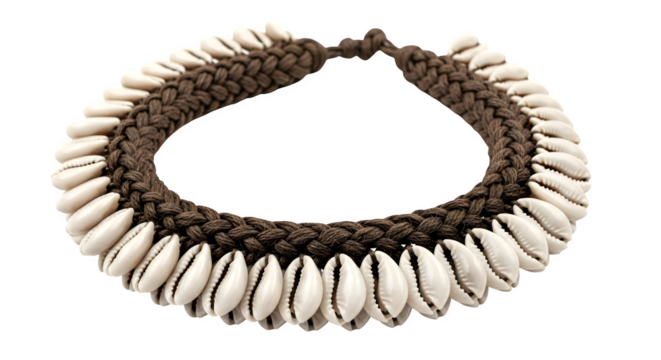 Cowrie shell necklace isolated on transparent background, showcasing a traditional tribal adornment with intricate woven design and natural elegance - Powered by Adobe